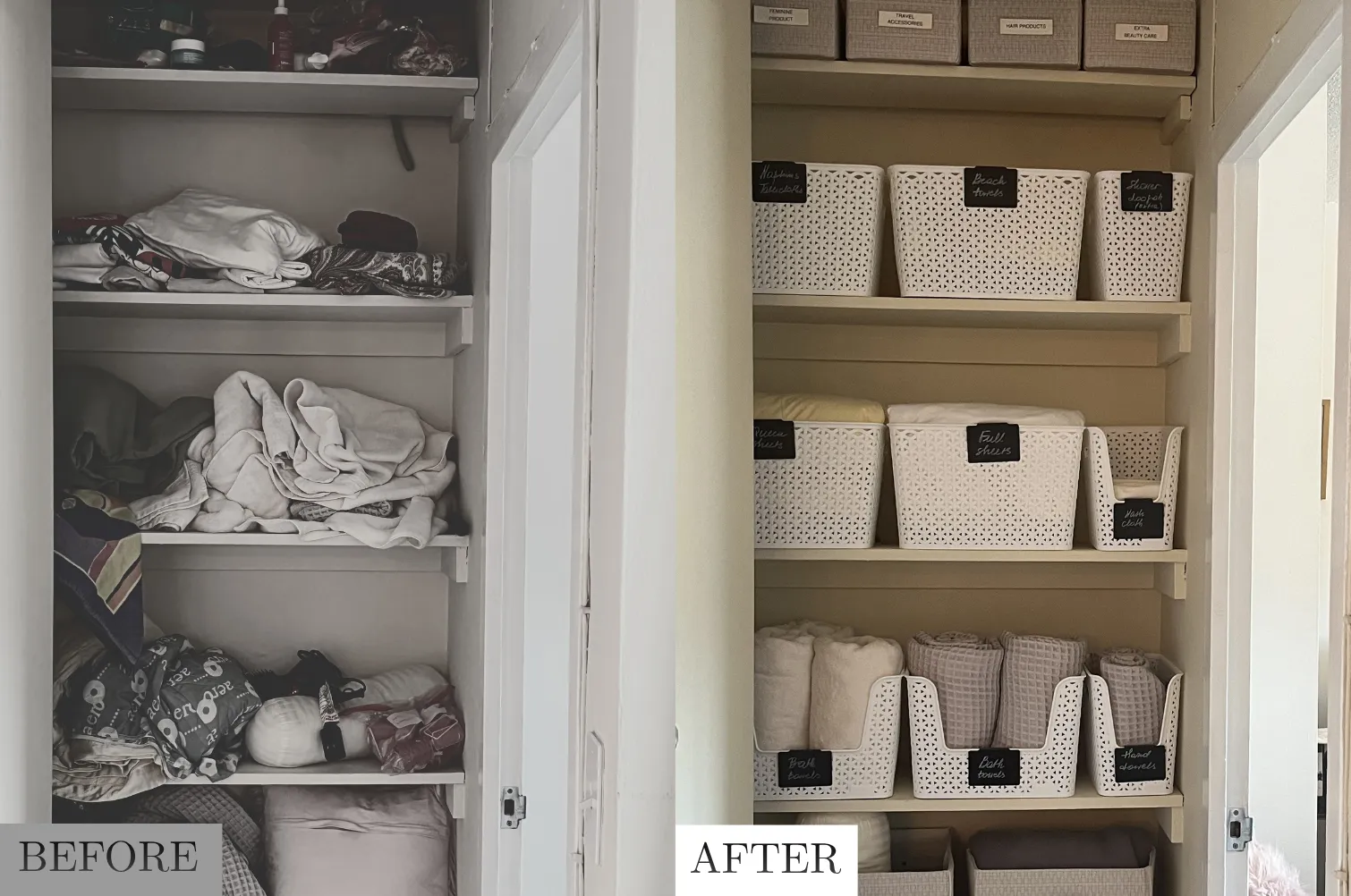 Linen closet organization before and after