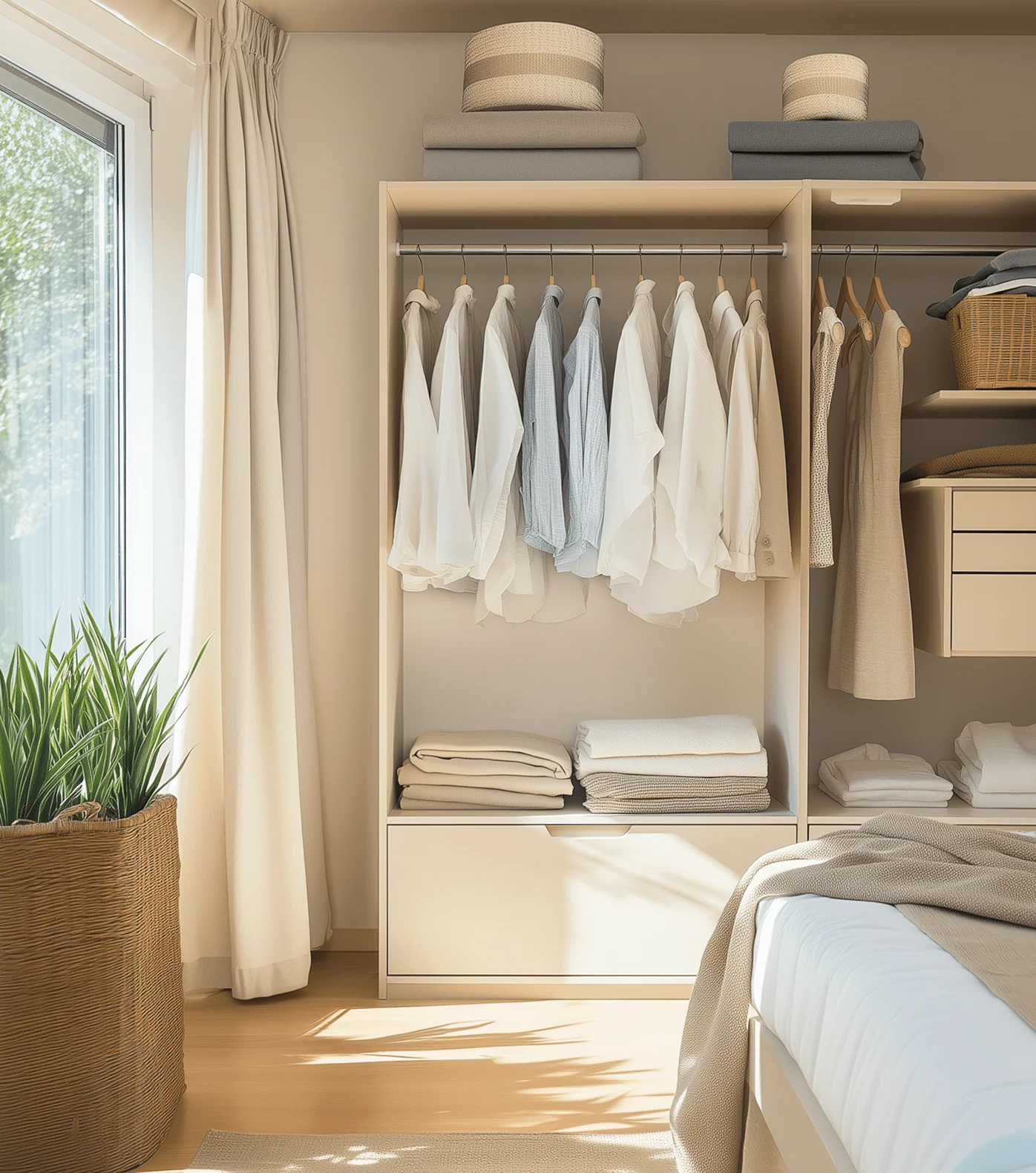 Beautifully organized closet with white clothes