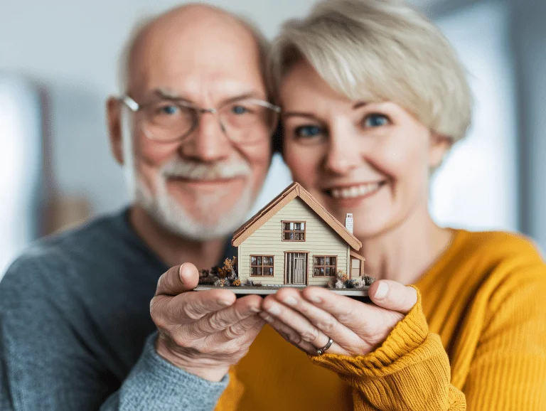 Senior couple holding miniature house