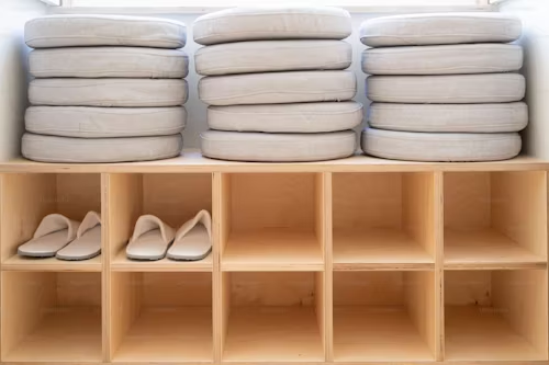 Shoe and floor cushion on a shelf