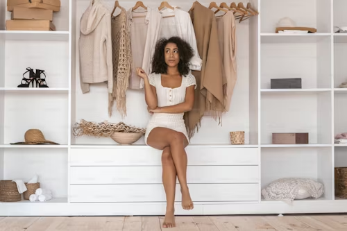 Woman sitting on a clothes rack